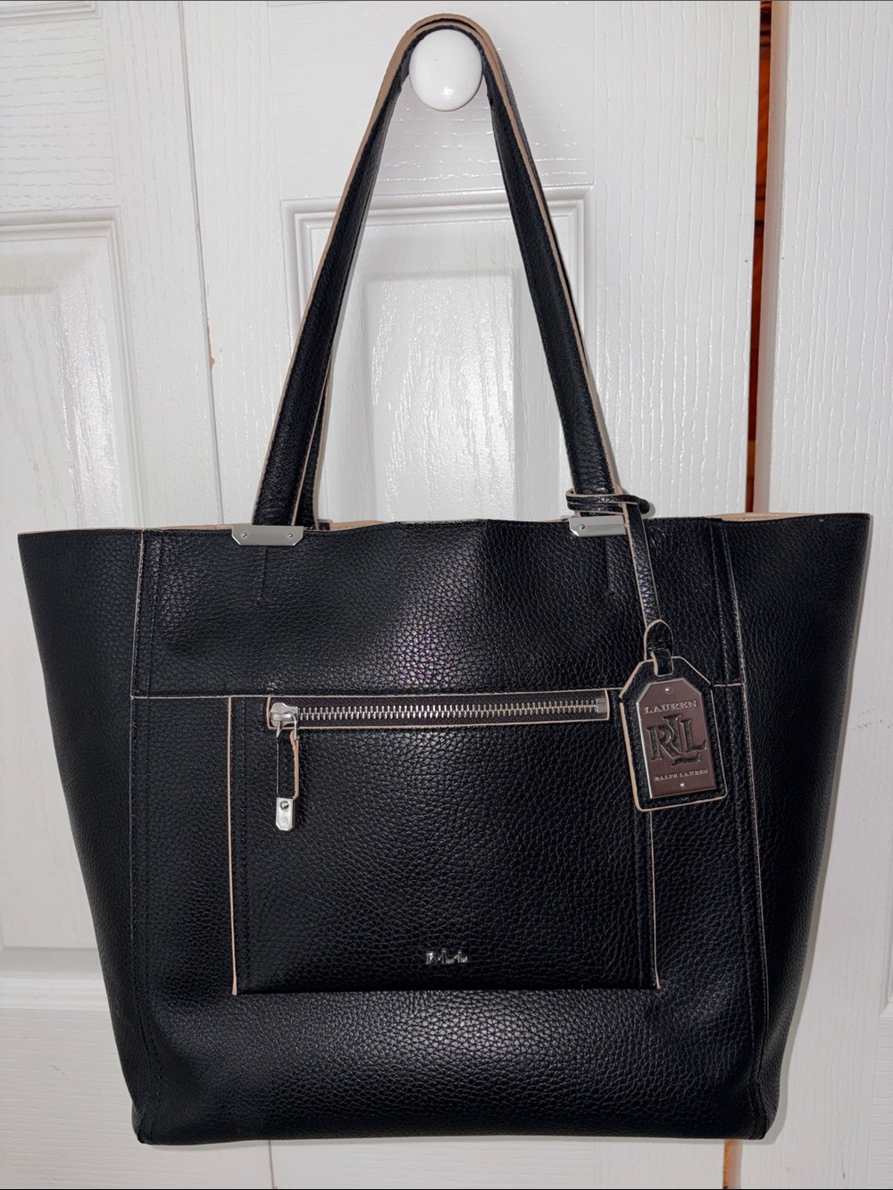 LAUREN Ralph Lauren Black Leather Tote with Straps and 1 Snap